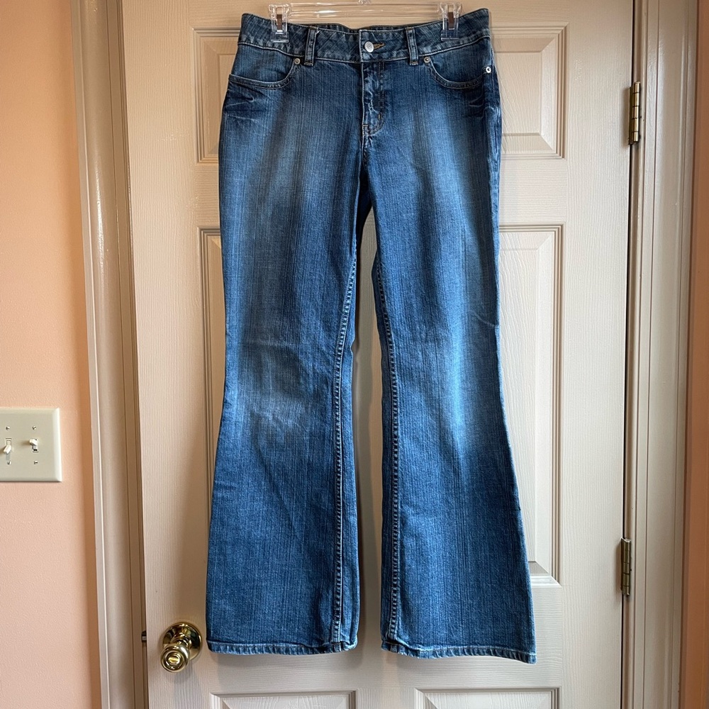 The Limited Blue Denim Jeans with Pretty Faded Patterns, Flare/Wider Hem, Size 8